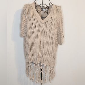 CABI S BEIGE COTTON DOLMAN SLEEVE FRINGED V-NECK KNIT TOP BOHO HIPPIEE